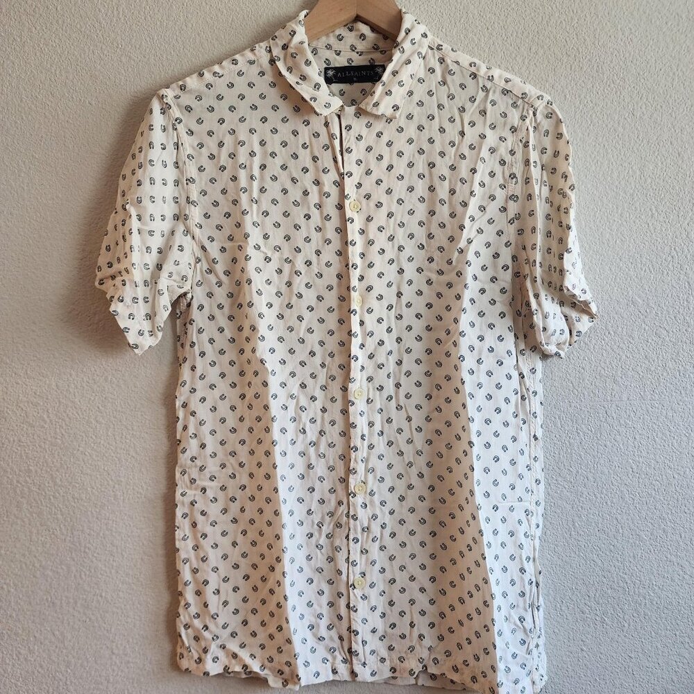AllSaints Shirt Mens XS White Black Horseshoe Print Lucked Out SS Viscose Casual